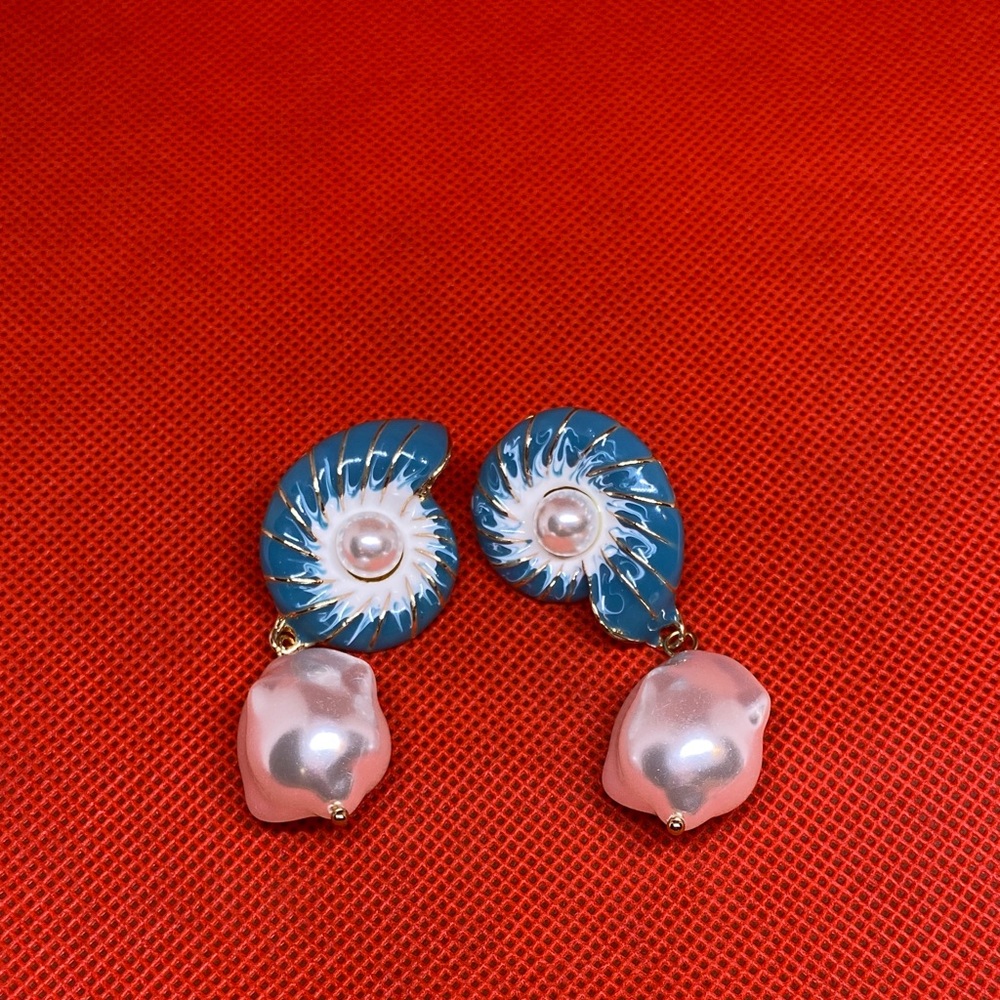 Blue and white  Nautilus Earrings with pearl drop.